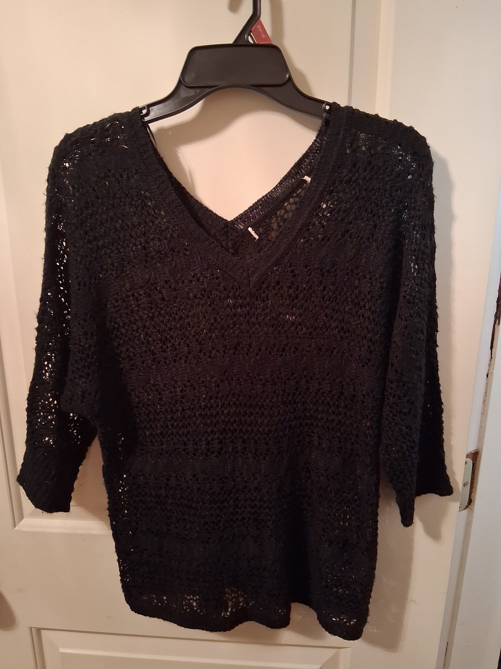 Black V-Neck Open Knit Women's Sweater